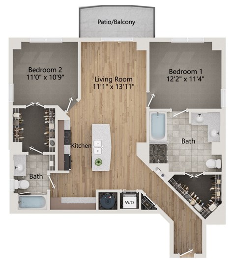 Floor plan for 2 beds, 2 baths, 1325 sqft